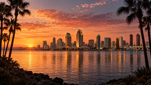 Illustrative sunset view of San Diego Bay and skyline